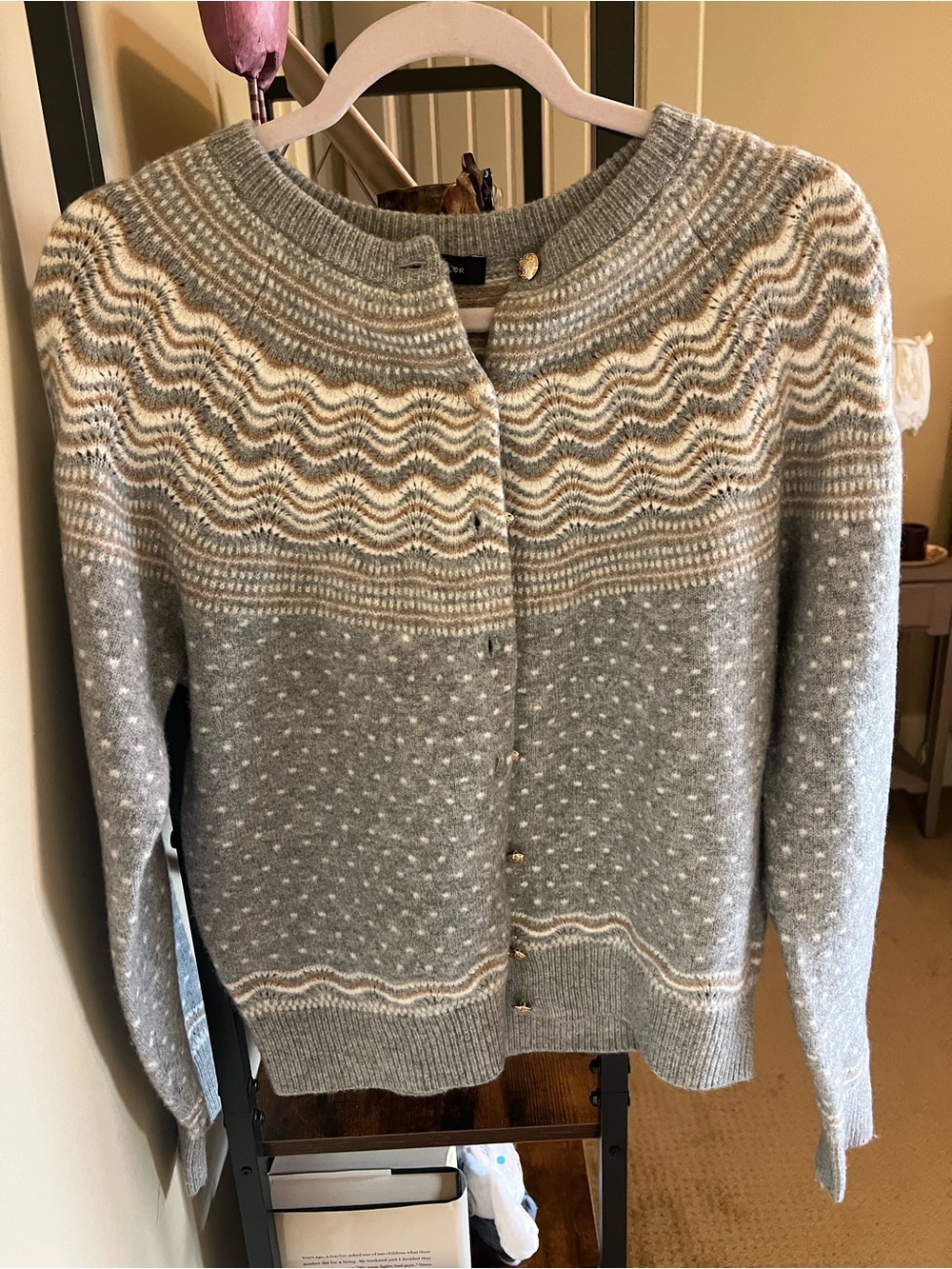 Ann Taylor Gray and Cream Patterned Button-Front Cardigan